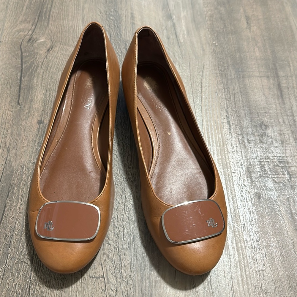 Ralph Lauren Womens Camel with Gold Detail Slip-On Ballet Flat